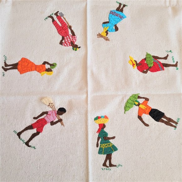Caribbean hand stitched applique and embroidered folk art tablecloth. - Picture 3 of 11